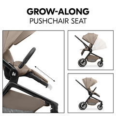 Grow-along pushchair seat with two views