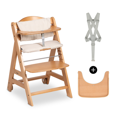 hauck Alpha Plus Set de Trona Evolutiva Madera con Cojín de Algodón de 2  Piezas, Tronas de Bebe Evolutiva con Arnés de 5 Puntos, Silla Bebe Comida 