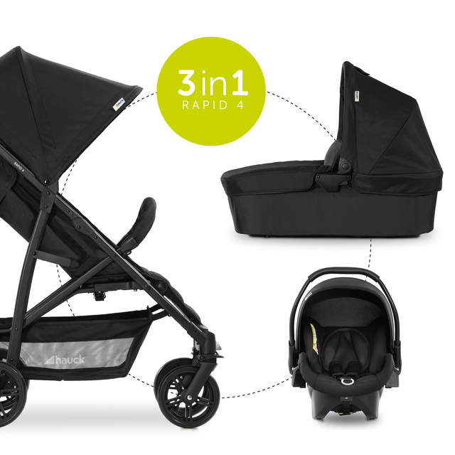 Hauck Poussette Combinée 3 en 1 Rapid 4 Plus Trio Set / Jusqu'à 25 kg /  Nacelle avec Matelas / Siège avec Position Couchée dès la Naissance /  Hauteur