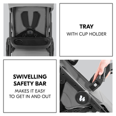 Swivelling safety bar with snack tray